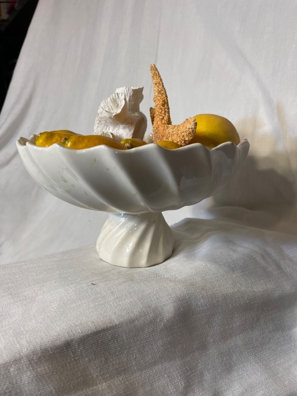 White Ceramic Pedestal Bowl with Yellow Lemons and Coral Accents